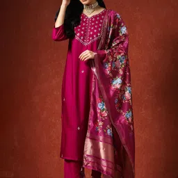 QSH Women Floral Embroidered Kurta with Trousers & Dupatta-picture-6