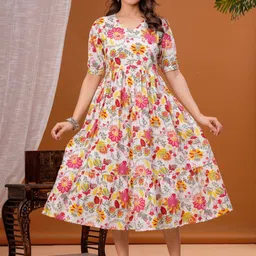 BAESD Floral Printed Puff Sleeves Pure Cotton Maternity Fit and Flare Midi Dress-image-27