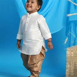 Vastramay Full Sleeves Solid Kurta & Pajama Set - White & Rose Gold-picture-30