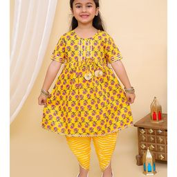 Superminis Three Fourth Sleeves Jaipuri Floral Motif Printed Kurta With Coordinating Gota Lace Embellished Overlapped Dhoti - Yellow-picture-15