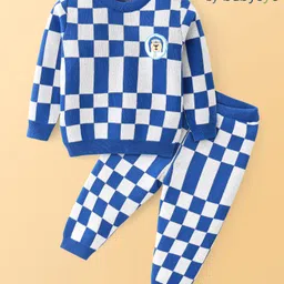 Babyoye 100% Cotton Full Sleeves Sweater Set With Checks Design & Bear Embroidery - Blue-picture-28