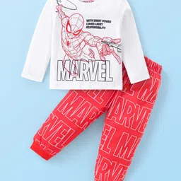 Babyhug Marvel Cotton Knit Full Sleeves Night Suit With Spider Man Graphics - Red & White-picture-22