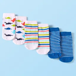 Cute Walk By Babyhug Cotton Knit Anti-Bacterial Ankle Length Socks With Stripes & Dino Design Pack of 3 - White & Blue-picture-32
