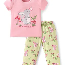 Babyoye Eco Conscious 100% Cotton Knit Half Sleeves Night Suit with Bunny & Butterfly Print - Pink & Light Green-image-13