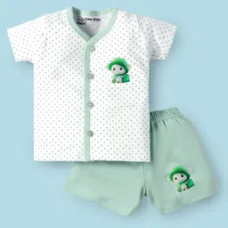 Little Darlings Interlock Knit Half Sleeves Shorts Night Suit with Polka Dots - Green & White-image-95