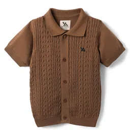 Yellow Apple Cotton Knitted Half Sleeves Shirt with Cable Knit Design - Brown-picture-22