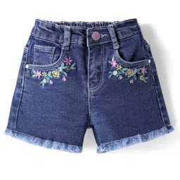 Babyhug Mid Thigh Length Denim Shorts with Floral Embroidery - Navy Blue-picture-10