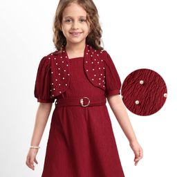 Hola Bonita Knit Half Sleeves Frock With Pearl Detailing & Belt - Maroon-picture-27