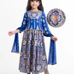 EARTHY TOUCH Single Jersey Knit Full Sleeves Choli Lehenga Set with Dupatta & Floral Print - Blue-picture-11