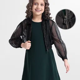 Hola Bonita Knit Full Sleeves Embellished Jacket with Solid Color Dress - Dark Green & Black-picture-28