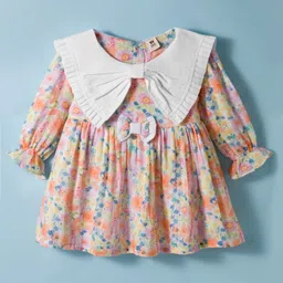 ToffyHouse Cotton Woven Full Sleeves Frock with Floral Print & Bow Applique - Multicolor-image-29