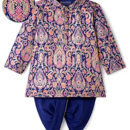 EARTHY TOUCH Single Jersey Knit Full Sleeves Kurta Dhoti Set With Floral Foil Print - Navy Blue-image-95