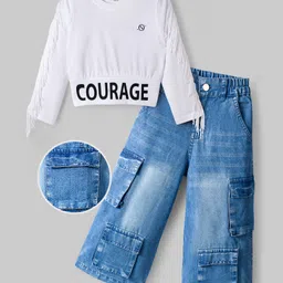 OLLINGTON ST. 100% Cotton Full Sleeves Top & Denim Pant Set with Text Print - White & Blue-picture-19
