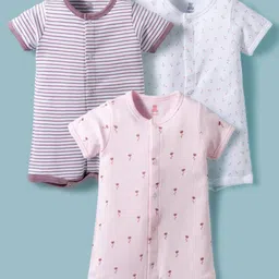 I Bears Interlock Knit Half Sleeves Rompers With Floral Print Pack Of 3 - Pink White & Violet-picture-24