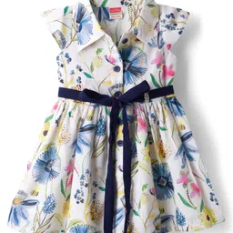 Twetoons Cotton Woven Half Sleeves Frock With Floral Print & Belt - Navy Blue-picture-28