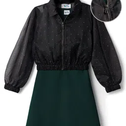 Hola Bonita Knit Full Sleeves Embellished Jacket with Solid Color Dress - Dark Green & Black image 2