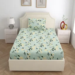 DREAM WEAVERZ Green & Yellow Floral 220 TC Single Bedsheet with 1 Pillow Covers image 3