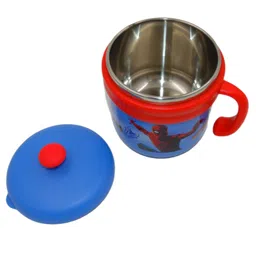 Sanjary Stainless Steel Double Walled Spiderman Milk Cup with Lid and Handle Red - 260 ml image 3