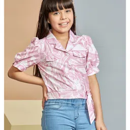 Peppermint Linen Knit Half Sleeves Marble Printed Crop Top - Pink image 4