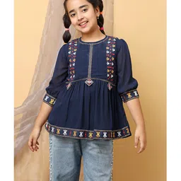 ISHTI Woven Three Fourth Sleeves Floral Embroidered Top - Navy Blue image 5