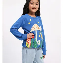 Spunkies Cotton Knit Full Sleeves Floral & Mushroom Embroidered Light Winter Sweatshirt - Blue image 5