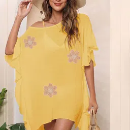 JC Mode Yellow Floral Embroidered Round Neck Swimwear Cover up Top-image-24