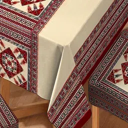 HOKIPO Maroon & Beige 5 Pieces Printed Dining Chair Cover With Matching Tablecloth image 4