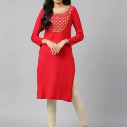 Aurelia Red Embroidered Winter Kurta image 4