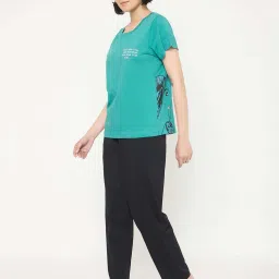 Clovia Teal Cotton Relaxed Fit Printed Pyjama Sets image 4