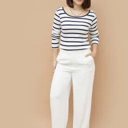 Code By Lifestyle White & Dark Blue Cotton Regular Fit Striped T-Shirt image 4