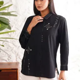 Jaypore Black Cotton Embroidered Kantha Straight Fit Shirt-picture-30