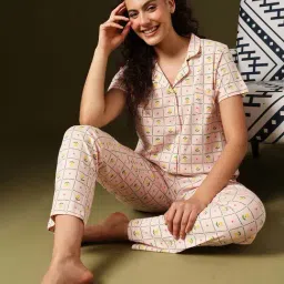 Clovia Peach Cotton Comfort Fit Printed Night Suit image 5
