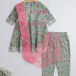 The Magic Wand Kids Green Cotton Floral Print Kurta Set-picture-17