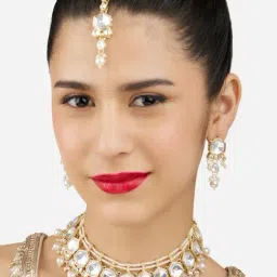 Zaveri Pearls Gold Tone Kundan Artificial Stones & Beads Necklace Earring & Maangtikka Set for Women-picture-29