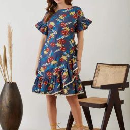 The Kaftan Company Navy Cotton Printed A-Line Dress-picture-1