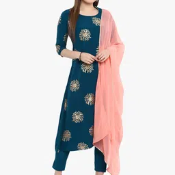 Janasya Blooming Flower Golden Foil Kurta Set with Dipped Hemline image 1