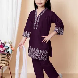 ikonic fashion Girls Festive & Party Kurta, Pyjama & Dupatta Set (Purple Pack of 1) image 4