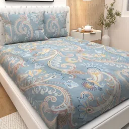 Athom Living Blue & Brown Printed Cotton 180 TC Double Queen Bedsheet Set-2.24 m x 2.44 m image 1