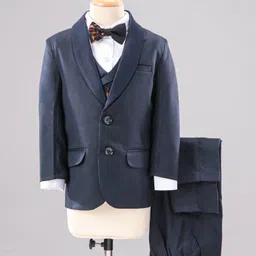Babyhug Full Sleeves Solid Party Suit with Checked Bow and Waistcoat - Navy image 1