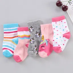cute walk by babyhug Cutewalk by Babyhug Ankle Length Anti-bacterial Cotton Knit Blend Socks Unicorn Print and Striped Pack of 5 - Multicolour-picture-23