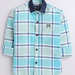 Polka Tots Full Sleeves Denim Collar Detail Checkered Shirt - Sky Blue-picture-16
