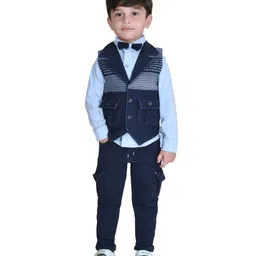 DOTSON Full Sleeves 3 Piece Cargo Party Suit with Denim Waistcoat - Blue-picture-14