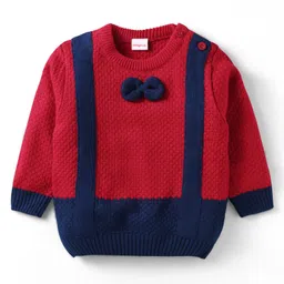 Babyhug Knit Full Sleeves Pullover Sweater With Bow Applique - Red-picture-11