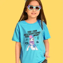 NUSYL Cotton Half Sleeves Girl & Text Printed Tee - Blue-image-6