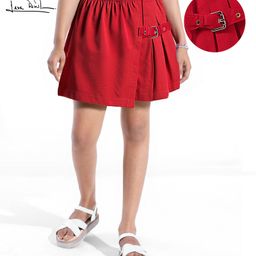 arias by lara dutta Arias Cotton Stretch WovenSolid Color Skort with Front Overlap Panel - Red-picture-0