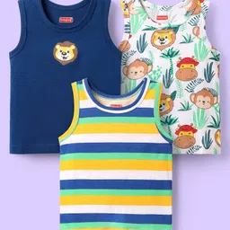 Babyhug 100% Cotton Knit Antibacterial Sleeveless Sandos With Stripes & Animal Print Pack Of 3 - Navy Blue White & Yellow-picture-23
