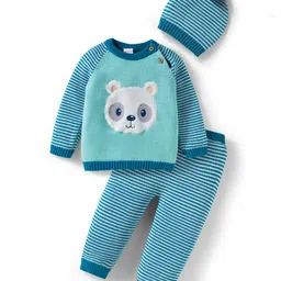 Babyhug Organic Cotton Knit Full Raglan Sleeves Striped Pullover Sweater Set with Cap & Bear Patch Detailing - Teal Blue-picture-27