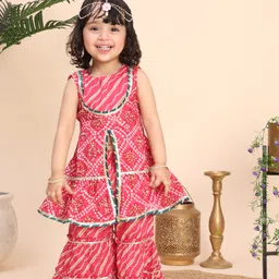 Titrit Cotton Woven Sleeveless Bandhani Printed & Gota Lace Embellished Centre Slit Kurti Sharara Set - Pink-picture-39
