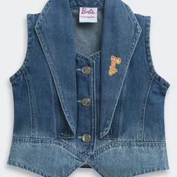 Barbie by Tiny Girl Denim Woven Mattel Featuring Sleeveless Characters Back Printed Mild Washed Jacket - Blue-picture-17