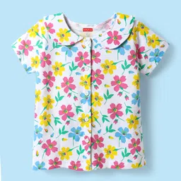 Babyhug Cotton Knit Half Sleeves Co-ords Peter Pan Collared Front Open Shorts Night Suit with Floral Print - White image 2